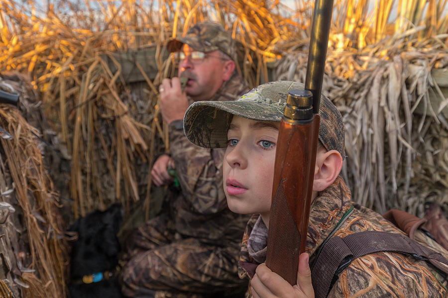 Duck Photograph - Father And Son Duck Hunting, Suisun by Peter Essick
