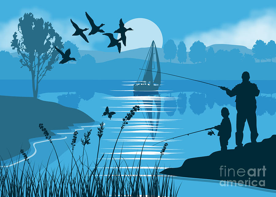Father And Son Fishing Painting by Tim Gilliland
