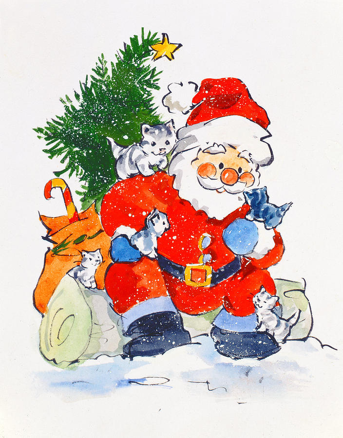 Christmas Painting - Father Christmas And Kittens, 1996  by Diane Matthes