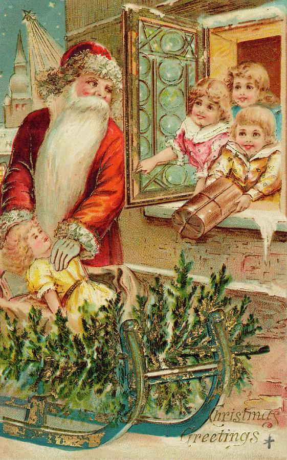 Father Christmas Arrives With Presents Drawing by Mary Evans Picture ...