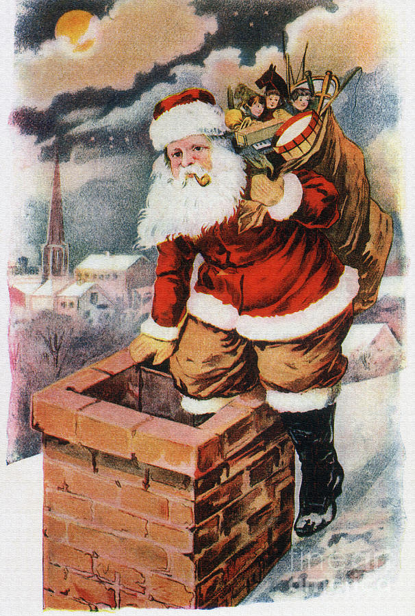 Father Christmas popping down the chimney to deliver gifts to the good.  Digital Art by Vintage Collectables