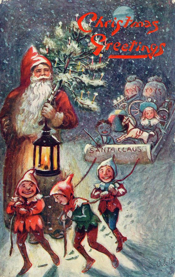 Father Christmas With His Elves Hauling Drawing by Mary Evans Picture ...