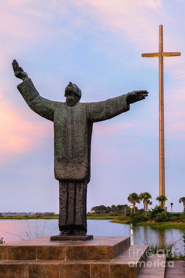 Father Francisco Lopez de Mendoza Grajales statue at sunset Mission Nombre de Dios St. Augustine FL Photograph by Dawna Moore Photography