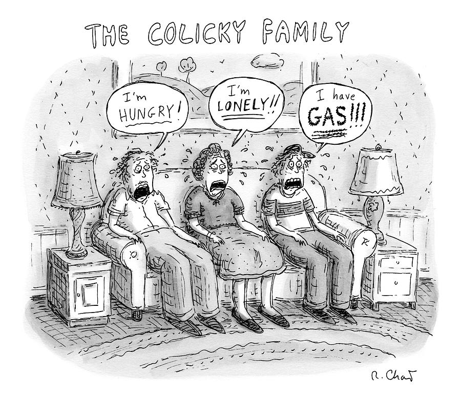 Father, Mother And Son Sitting On A Couch, Each Drawing by Roz Chast