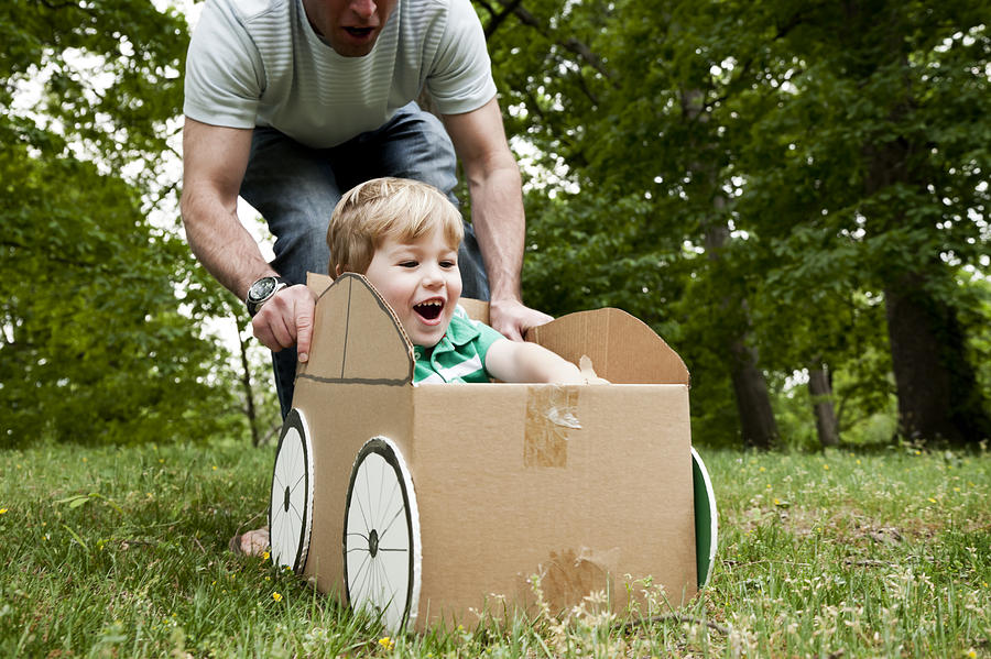 Father pushing his son in a cardboard box on grass Photograph by Patrickheagney