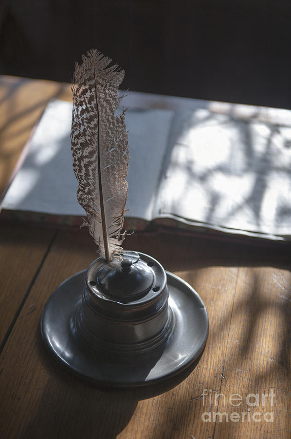 Feather Quill Pen Ink Well And Open Book Photograph by Lee Avison