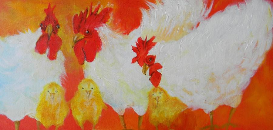 Rooster Painting - Feathered Family by Lisa Schorr