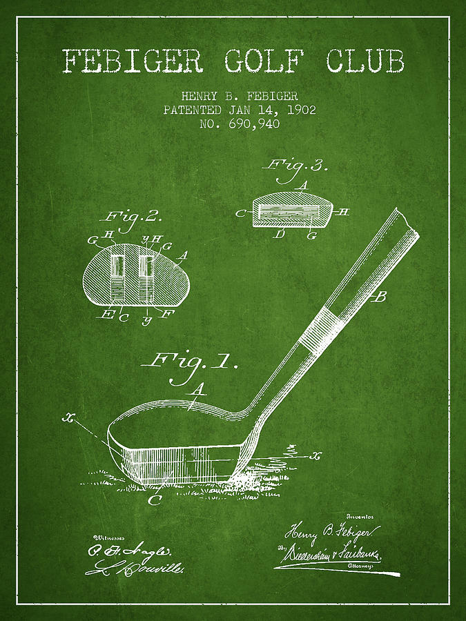 Golf Digital Art - Febiger Golf Club Patent Drawing from 1902 - Green by Aged Pixel