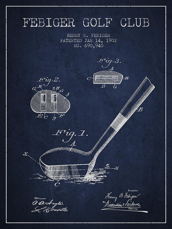 Febiger Golf Club Patent Drawing From 1902 - Navy Blue Digital Art
