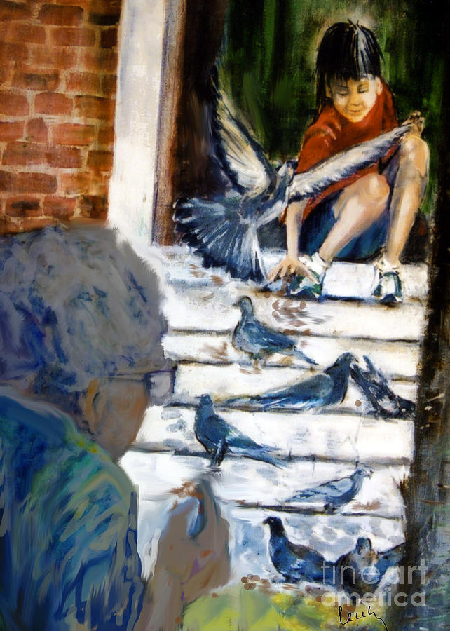 Pigeon Mixed Media - Feeding Pigeons by Cecily Mitchell