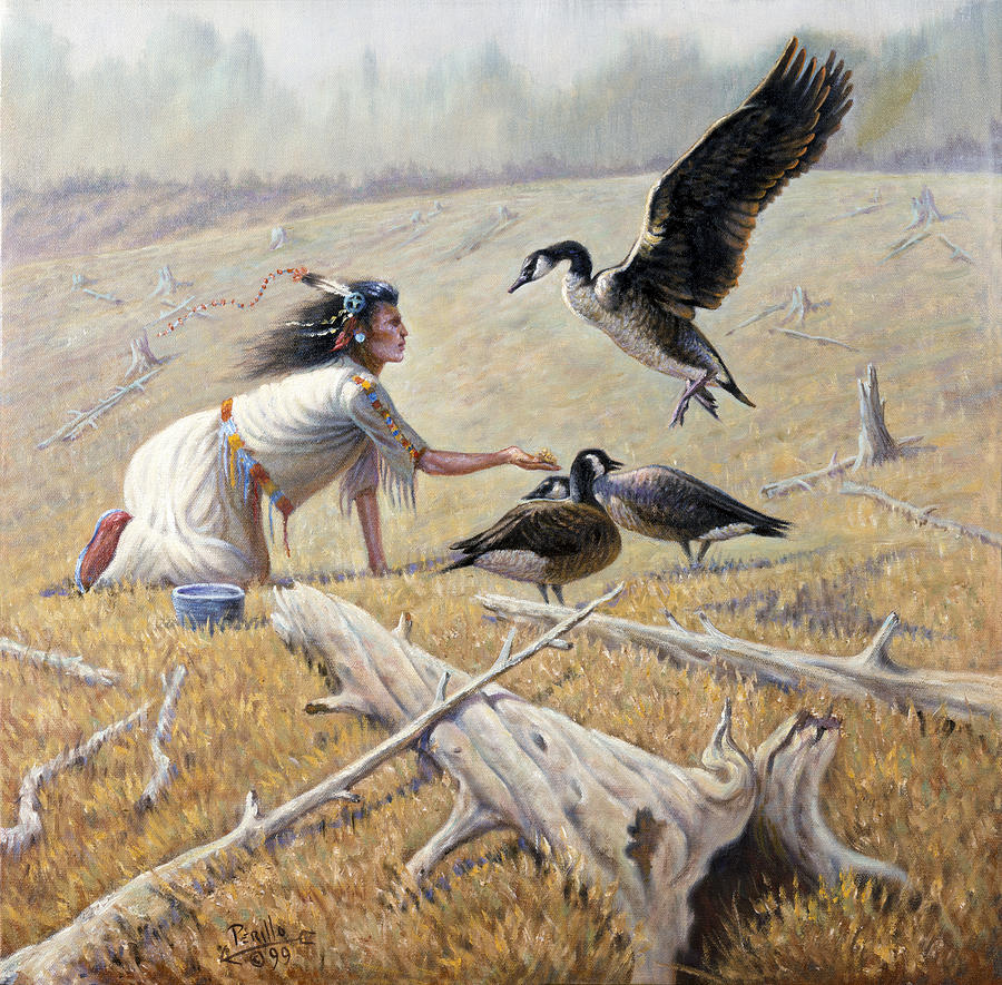 Bird Painting - Feeding the Canadian Geese by Gregory Perillo
