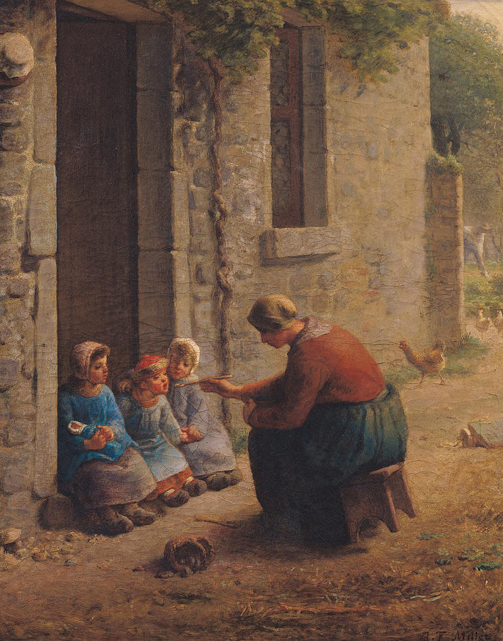 Feeding The Young Painting by Jean-Francois Millet