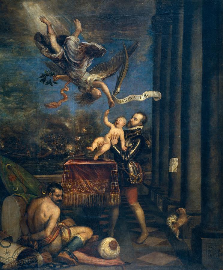 Portrait Painting - Felipe II offers the Infante Don Fernando to Heaven by Titian