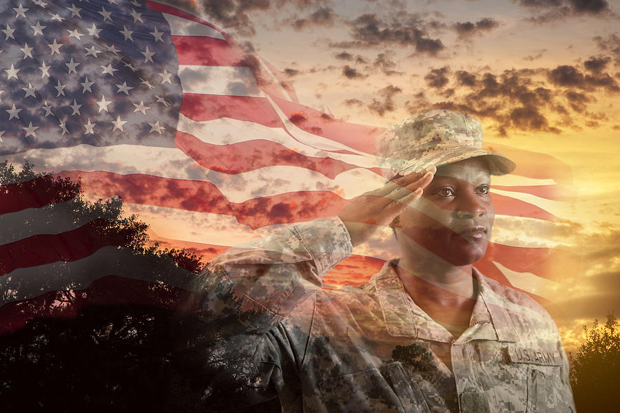 Female army soldier overlay sunset, American flag. Photograph by Fstop123