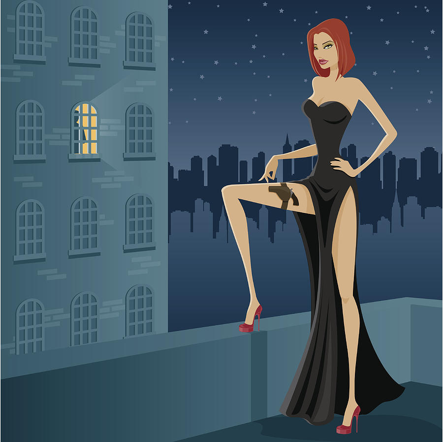 Female Assassin in Black Gown on Rooftop at Night Drawing by Bortonia