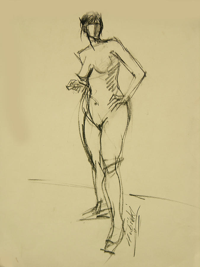 Nude Drawing - Female Nude Full Figure w Head Turned by Frederick Hubicki