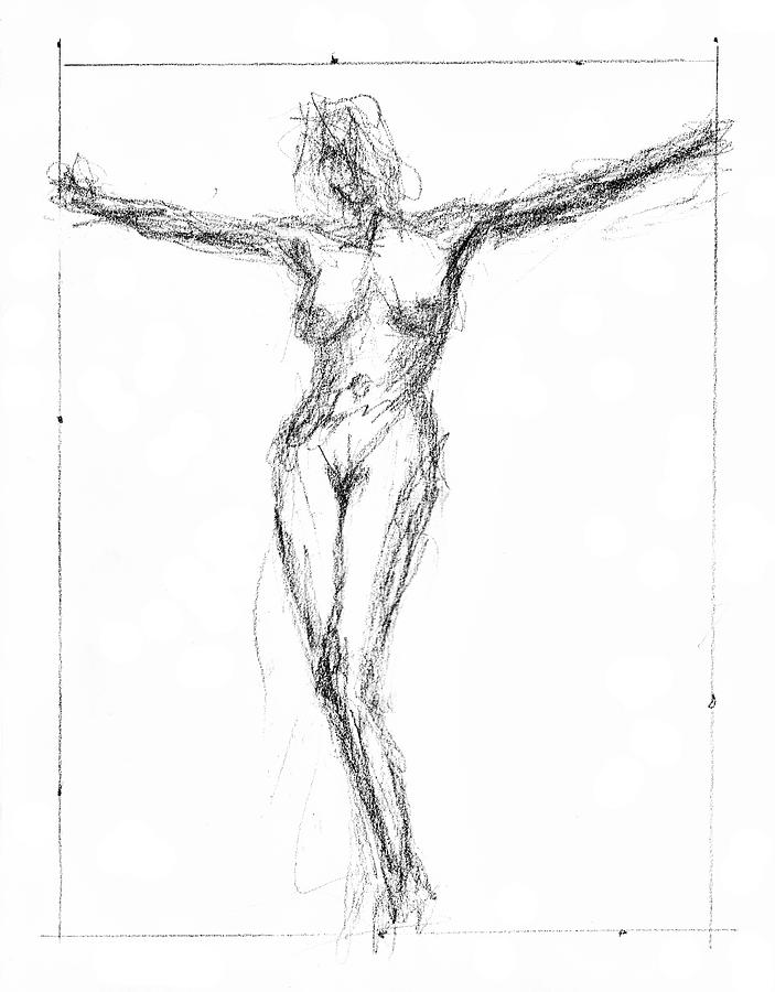 Vintage Drawing - Female Nude In The Pose As Jesus Christ Crucifix  - Pencil Drawing by Nenad Cerovic