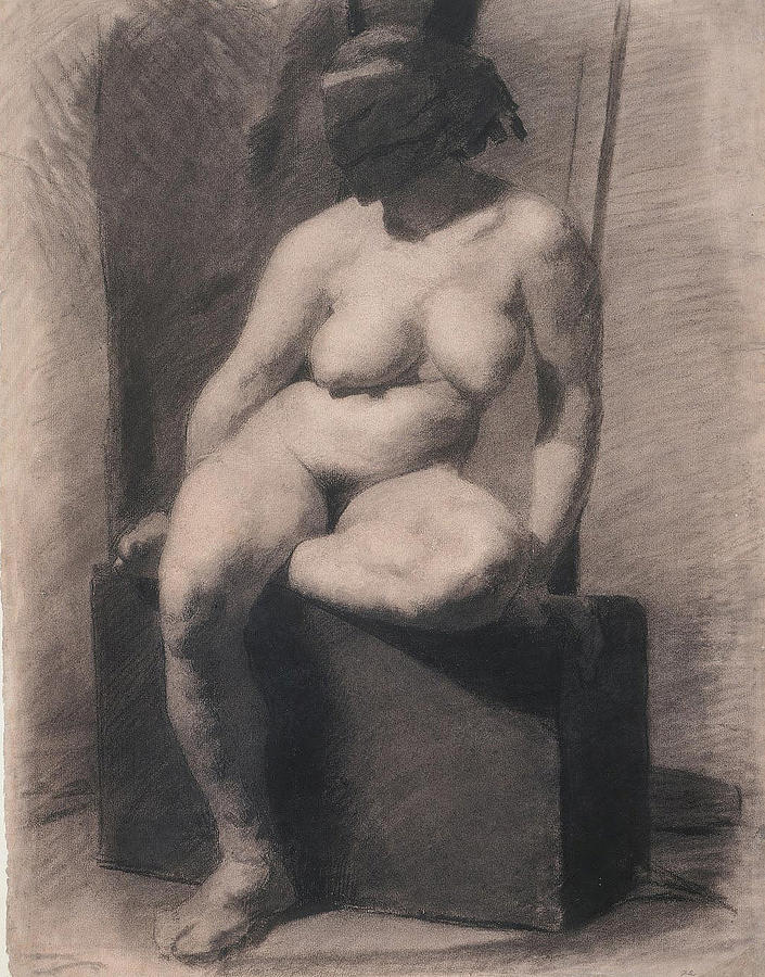 Female Nude Seated With Mask Drawing by Thomas Eakins