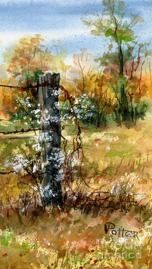 Fence Post and Weeds Painting by Virginia Potter