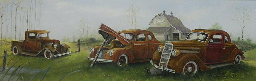 Chevy Coupe Painting - Fence Post Fords by Whitey Thompson