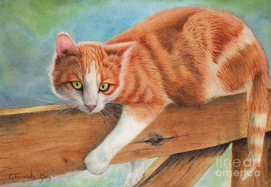 Ginger Cat Painting - Fence Sitter by Christelle Grey