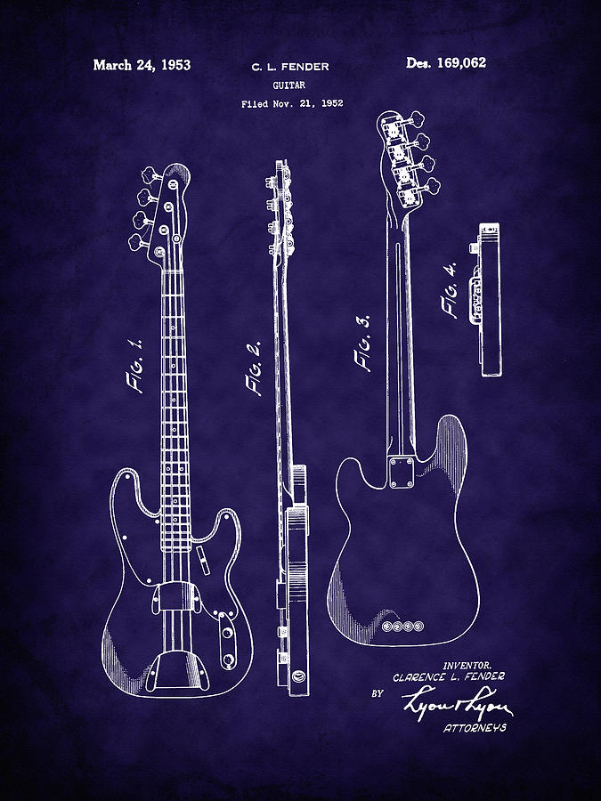 Fender 1953 Bass Guitar Patent Image-B Photograph by Barry Jones