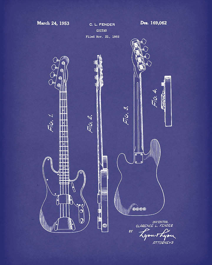 Bass Drawing - Fender Bass Guitar 1953 Patent Art Blue by Prior Art Design