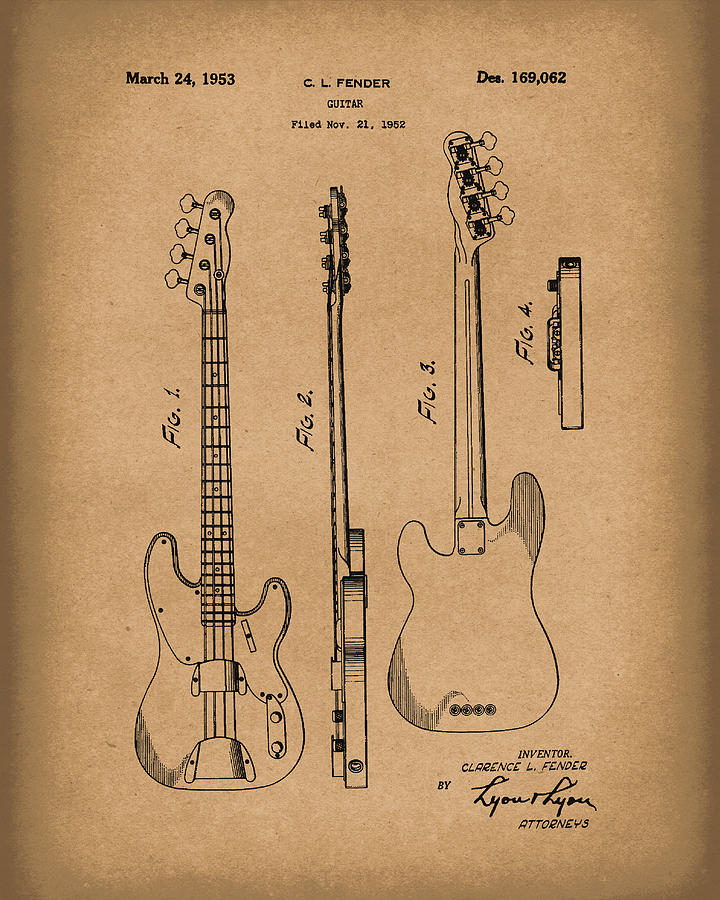 Fender Bass Guitar 1953 Patent Art Brown Drawing by Prior Art Design
