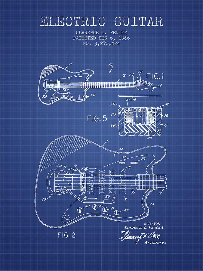 Bass Digital Art - Fender Electric guitar patent from 1966 - Blueprint by Aged Pixel