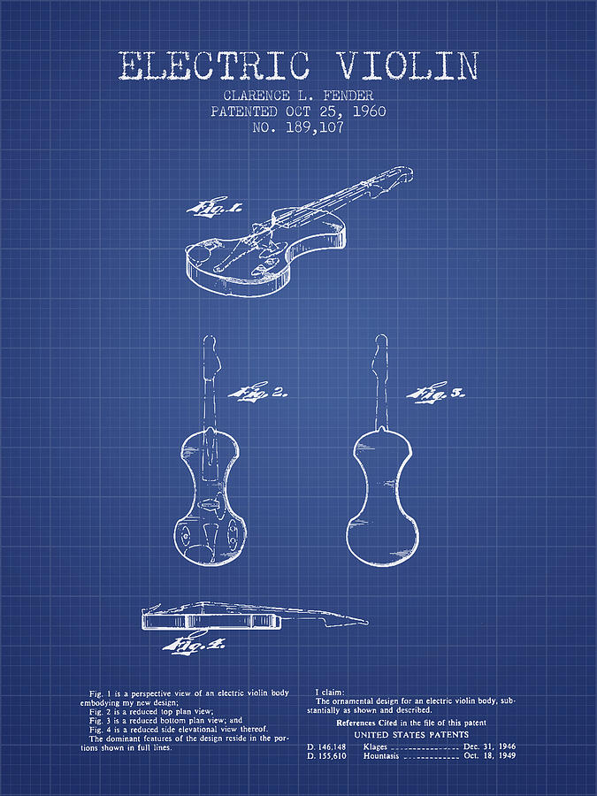 Fender Electric Violin Patent From 1960 - Blueprint Digital Art