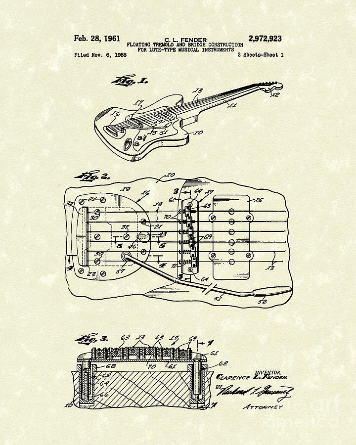 Fender Floating Tremolo 1961 Patent Art Drawing by Prior Art Design