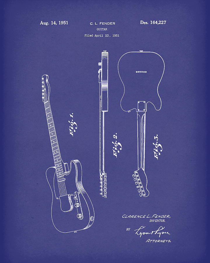 Fender Guitar 1951 Patent Art Blue Drawing by Prior Art Design
