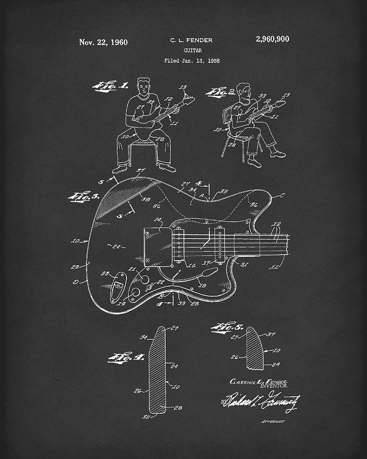 Fender Guitar 1960 Patent Art Black Drawing by Prior Art Design