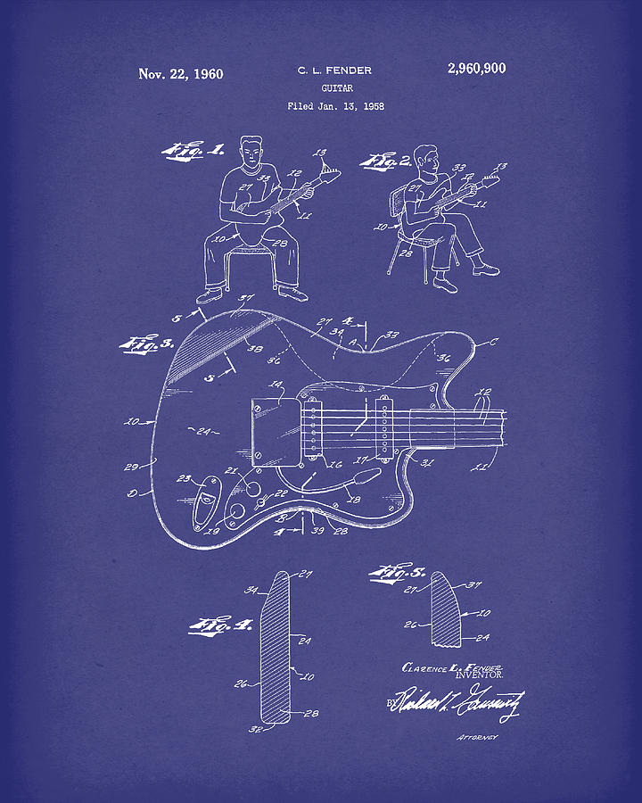 Fender Guitar 1960 Patent Art Blue Drawing by Prior Art Design