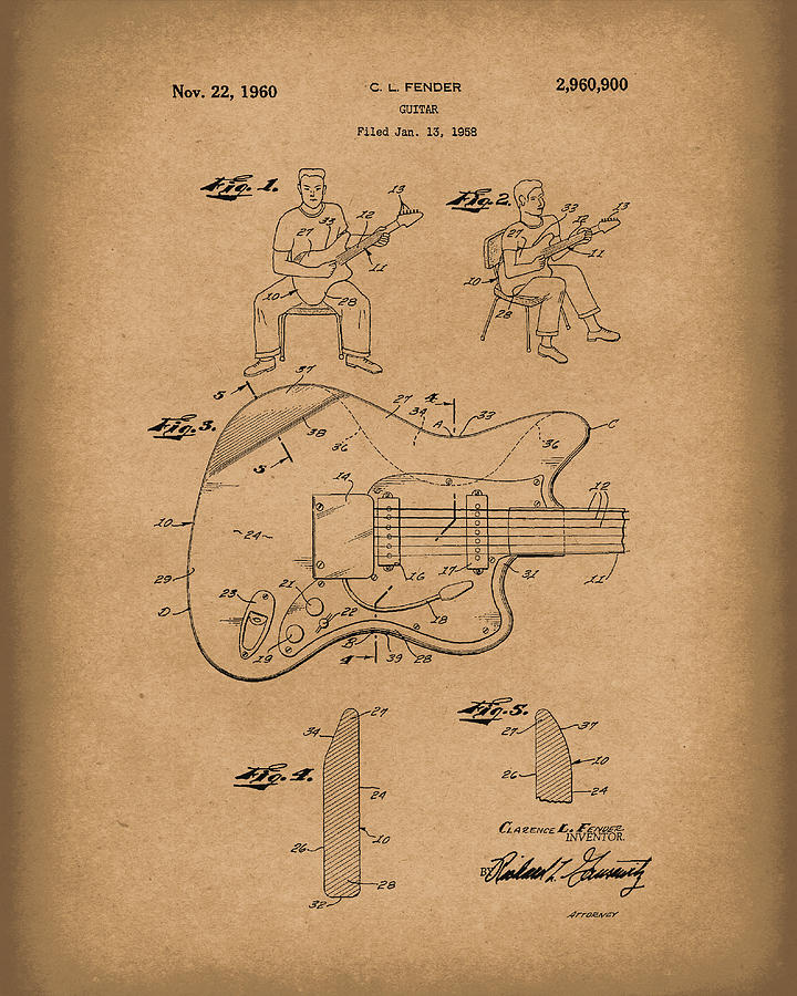 Fender Guitar 1960 Patent Art Brown Drawing by Prior Art Design
