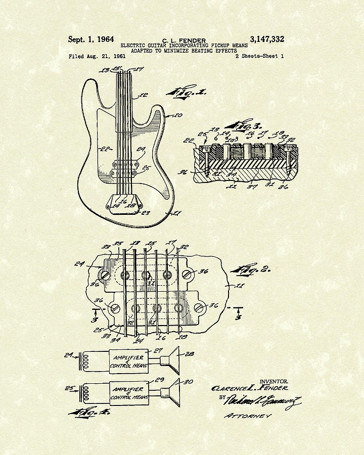 Fender Guitar 1964 Patent Art Drawing by Prior Art Design