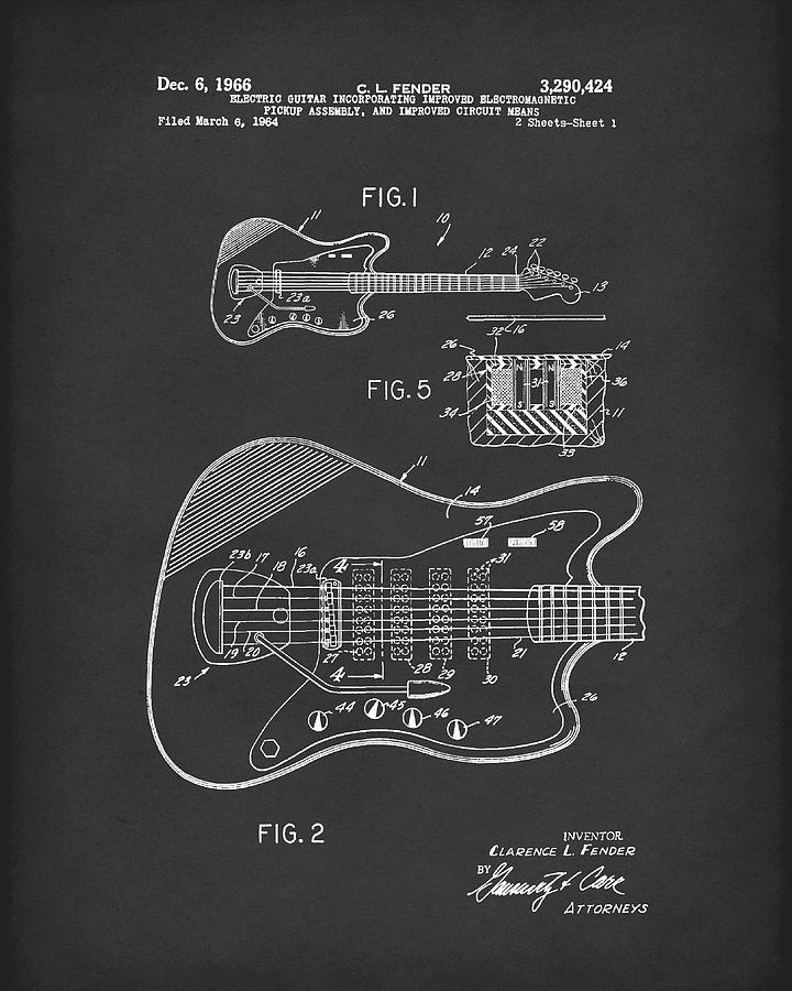 Fender Guitar December 1966 Patent Art Black Drawing by Prior Art Design