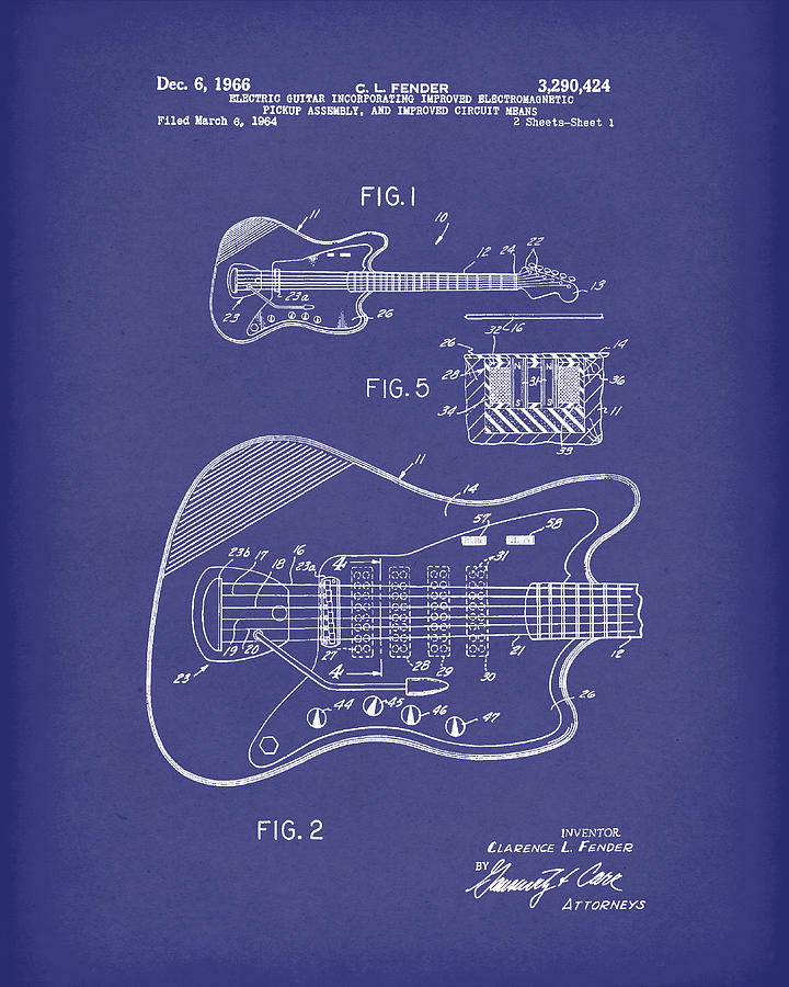 Fender Guitar December 1966 Patent Art Blue Drawing by Prior Art Design