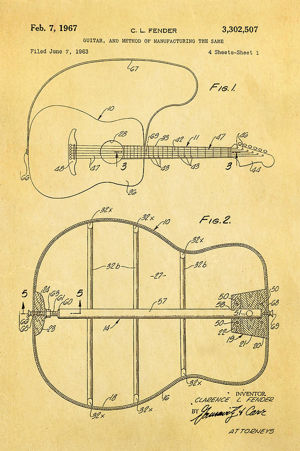 Music Photograph - Fender Guitar Manufacture Patent Art 1967  by Ian Monk