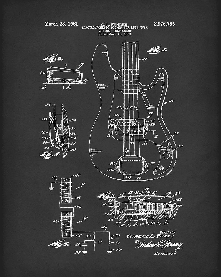 Fender Guitar March 1961 Patent Art Black Drawing by Prior Art Design
