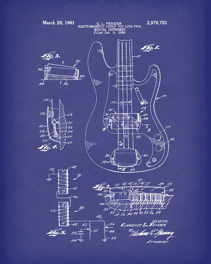 Fender Guitar March 1961 Patent Art Blue Drawing by Prior Art Design