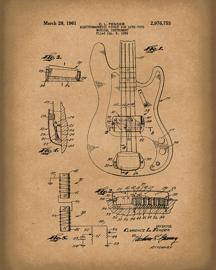 Fender Guitar March 1961 Patent Art Brown Drawing by Prior Art Design