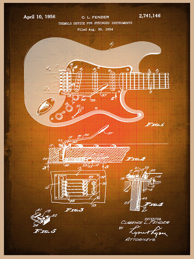 Fender Guitar Patent Blueprint Drawing Sepia Mixed Media by Tony Rubino