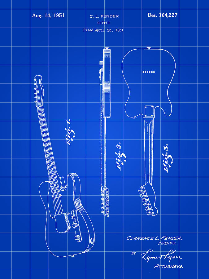 Fender Guitar Patent 1951 - Blue Digital Art by Stephen Younts