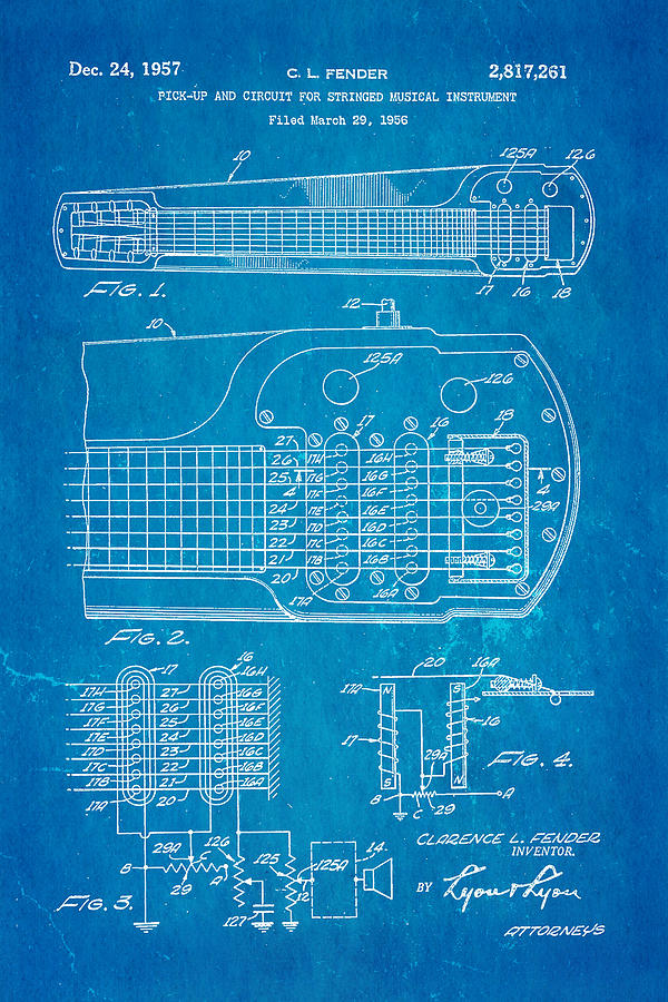 Music Photograph - Fender Pick-up Patent Art 1957 Blueprint by Ian Monk