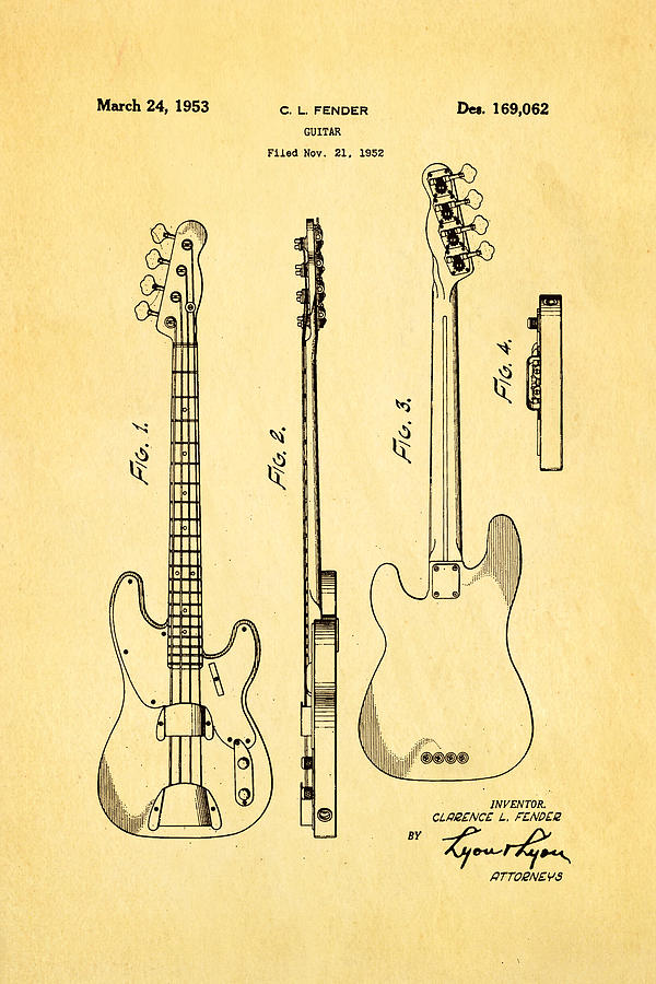 Music Photograph - Fender Precision Bass Guitar Patent Art 1953 by Ian Monk