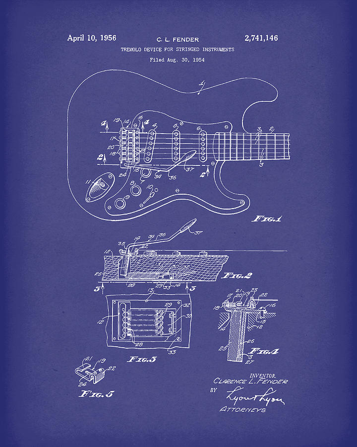 Fender Tremolo Device 1956 Patent Art Blue Drawing by Prior Art Design