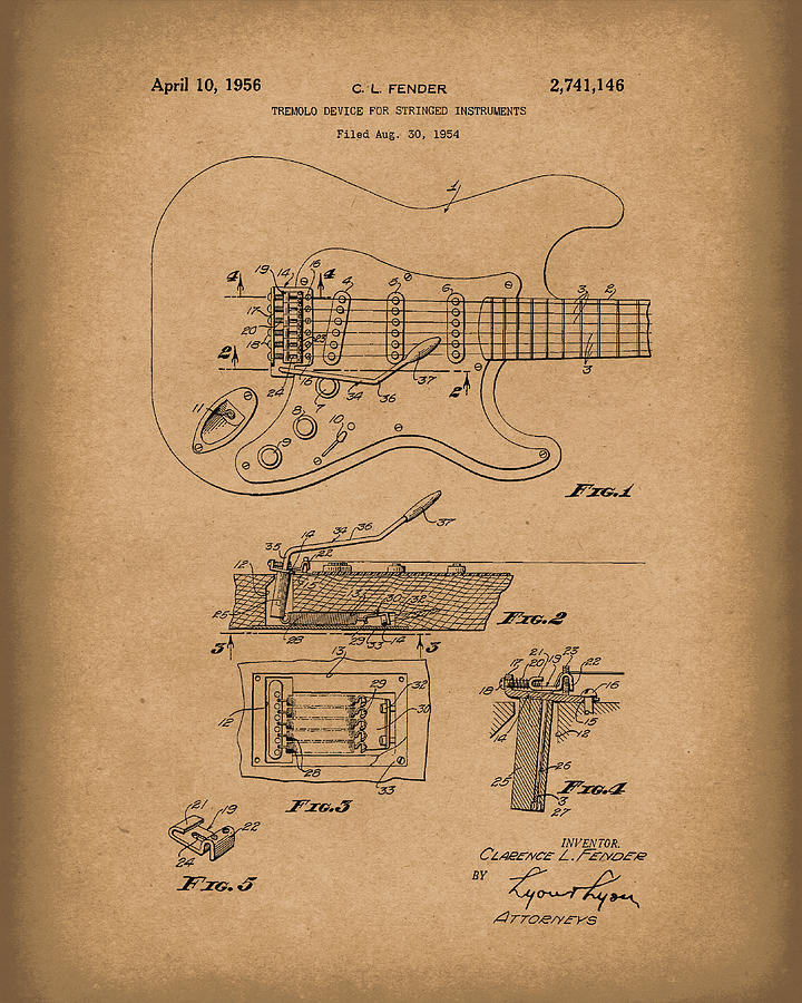 Fender Drawing - Fender Tremolo Device 1956 Patent Art Brown by Prior Art Design