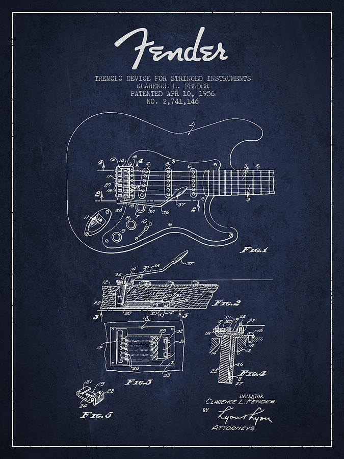 Bass Digital Art - Fender Tremolo Device patent Drawing from 1956 by Aged Pixel