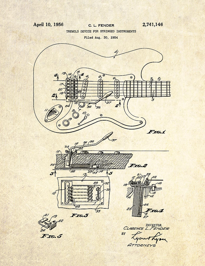 1956 Fender Tremolo Patent Drawing I Digital Art by Gary Bodnar